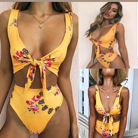 high waisted two piece swimsuit yellow